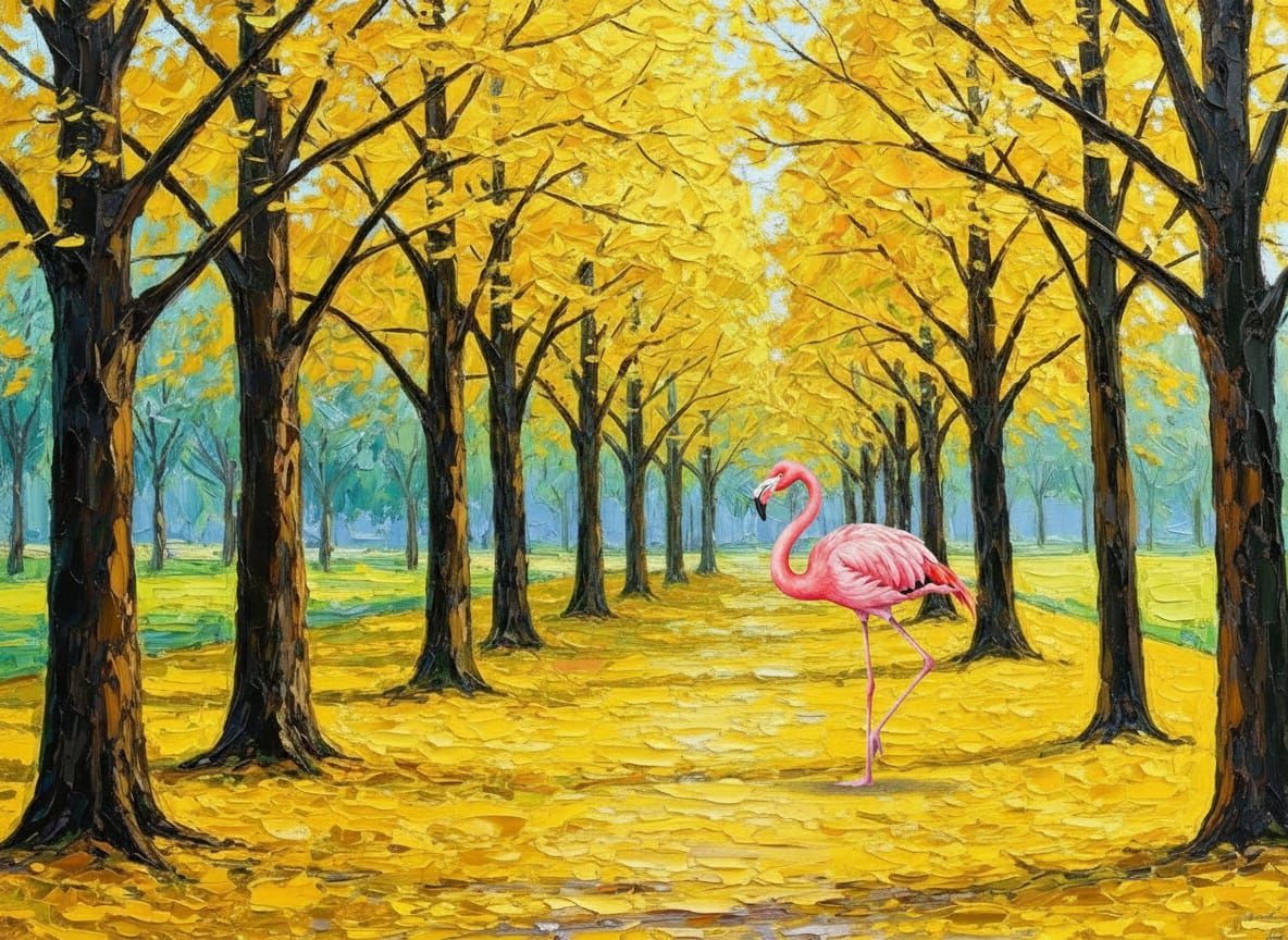 Flamingo Walks Autumn Path in Surprising Fusion