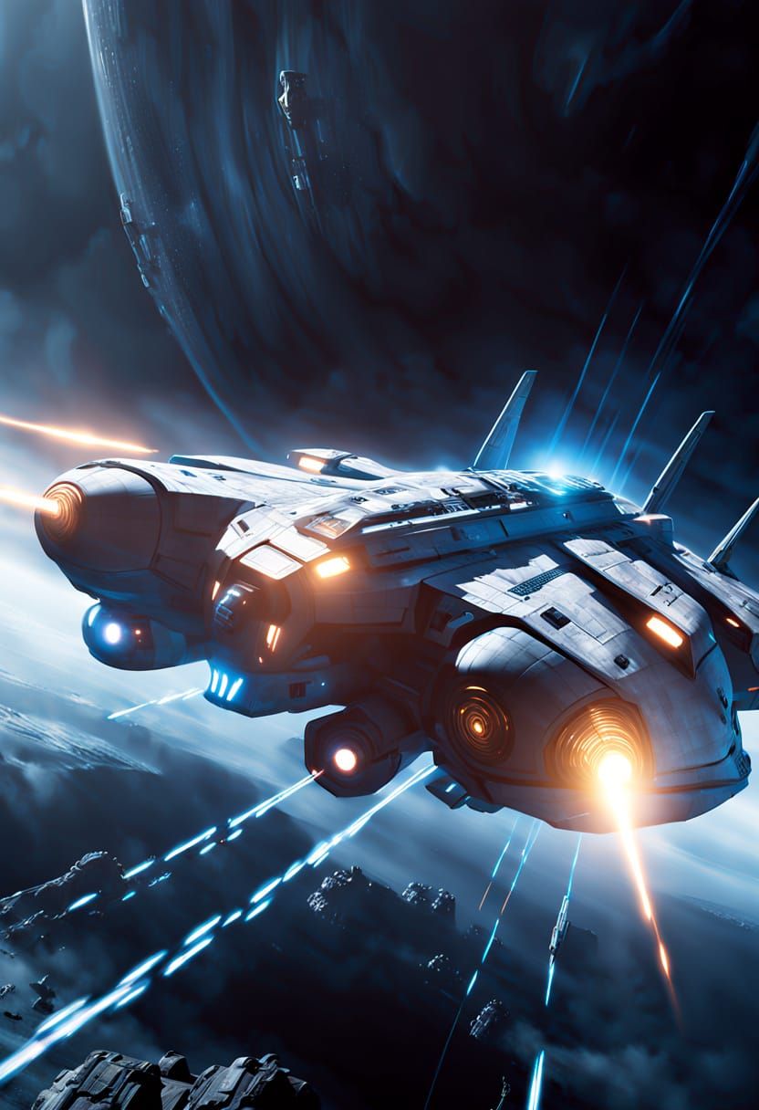 A heavy transitioning hovering cargo spaceship surrounded by...