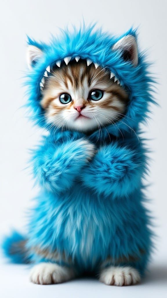 Cute Kitten in Blue Monster Costume - Hyperrealistic Art