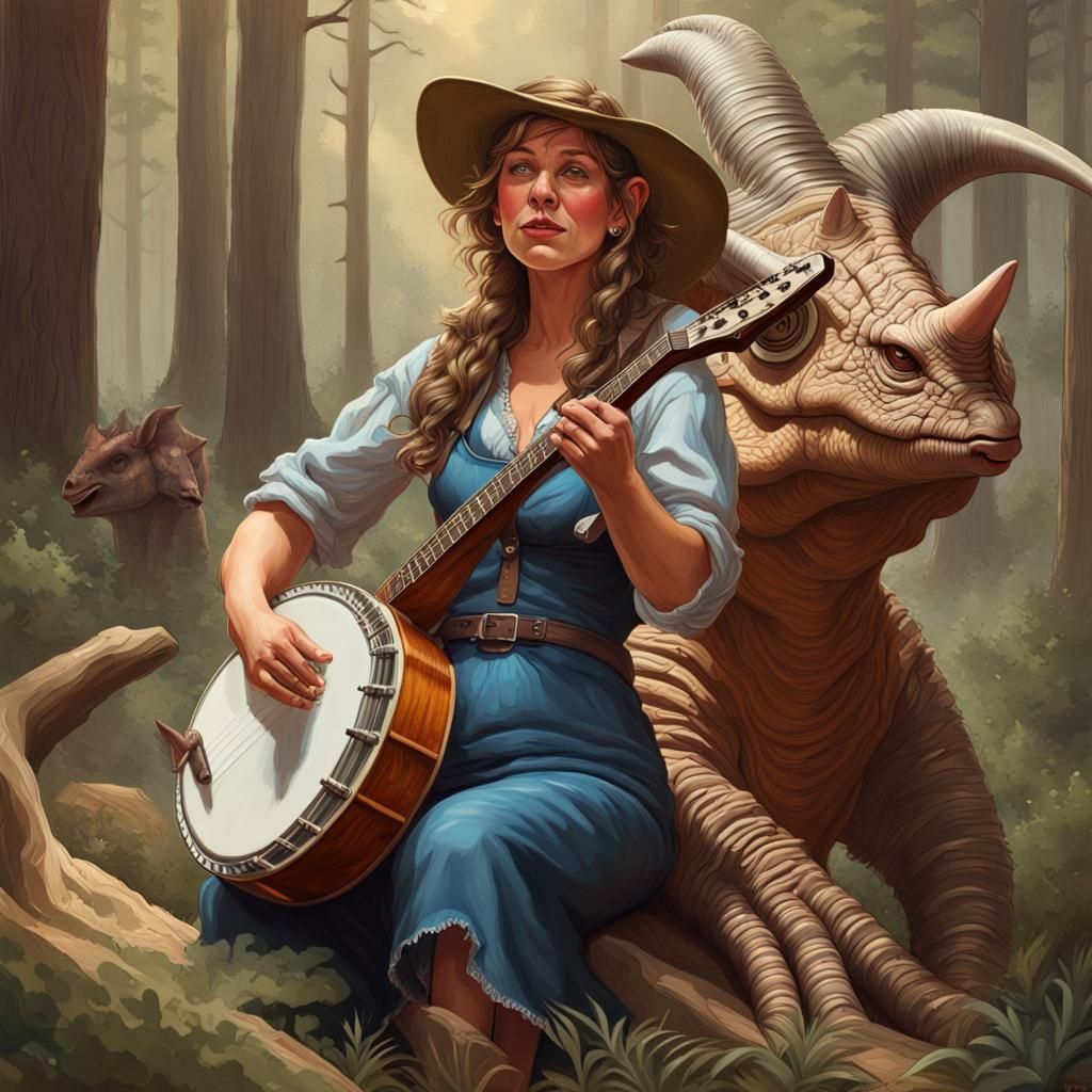 Hillbilly Woman Rides Triceratops in Acrylic Art