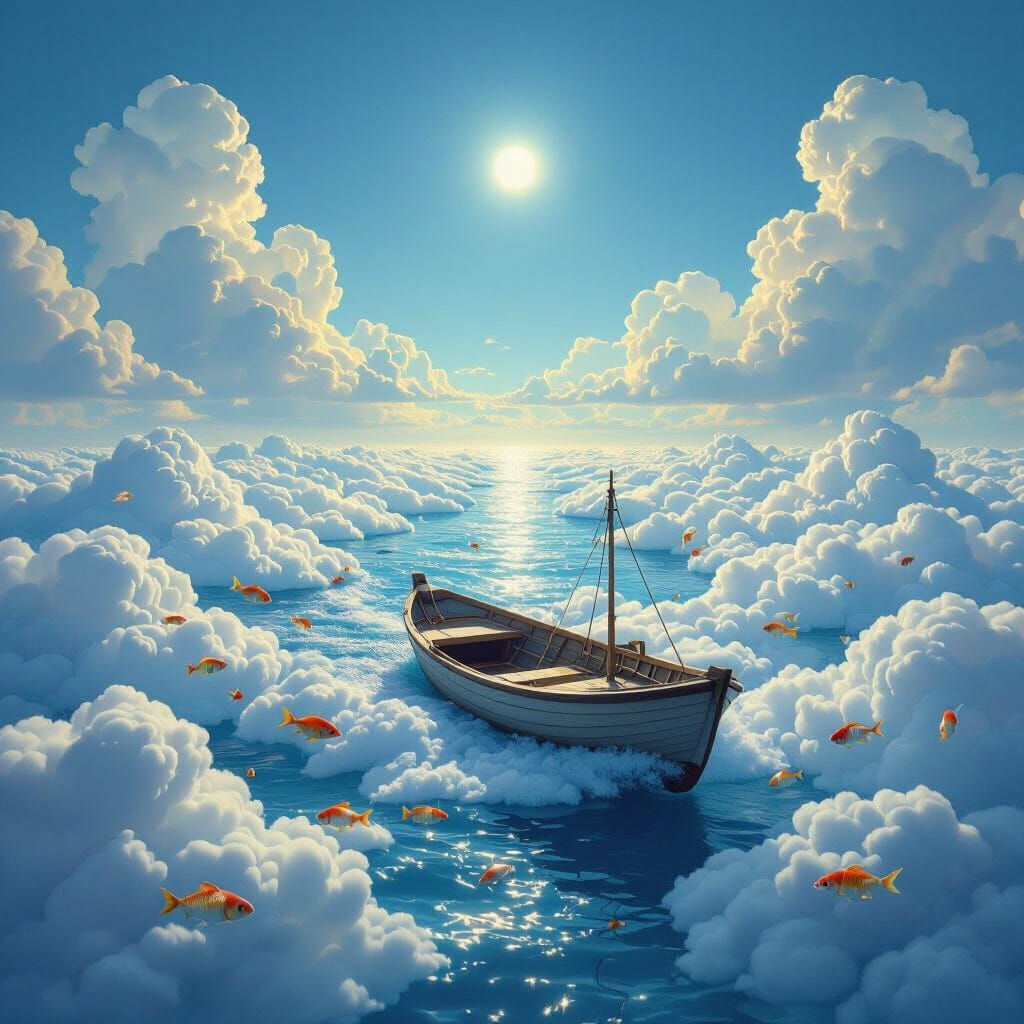 Fishing Boat on Cloud Ocean with Fish - Surreal Seascape