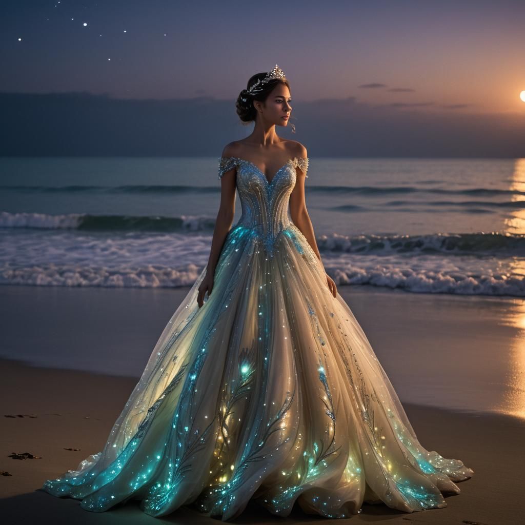 Midnight Beach: Woman in Bioluminescent Ballgown