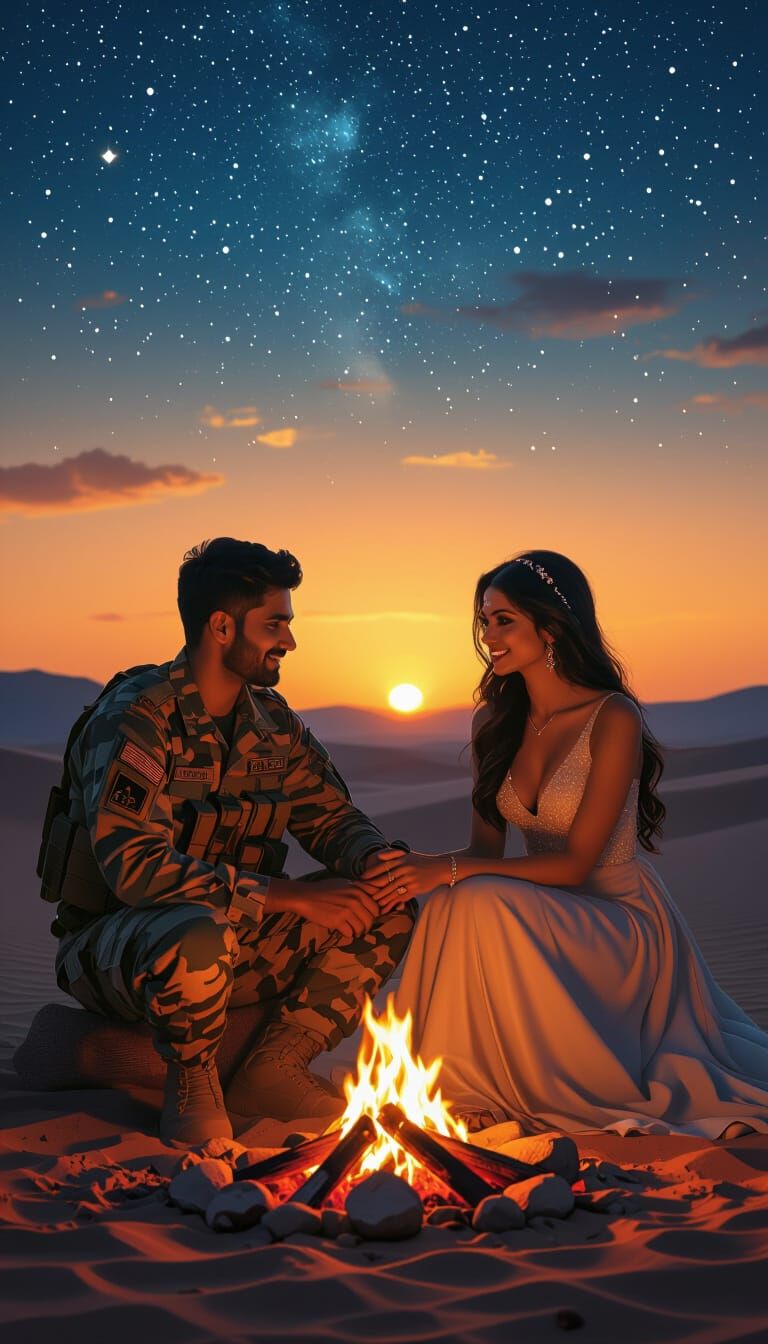 Indian Army Soldier with Girlfriend by Campfire at Sunset