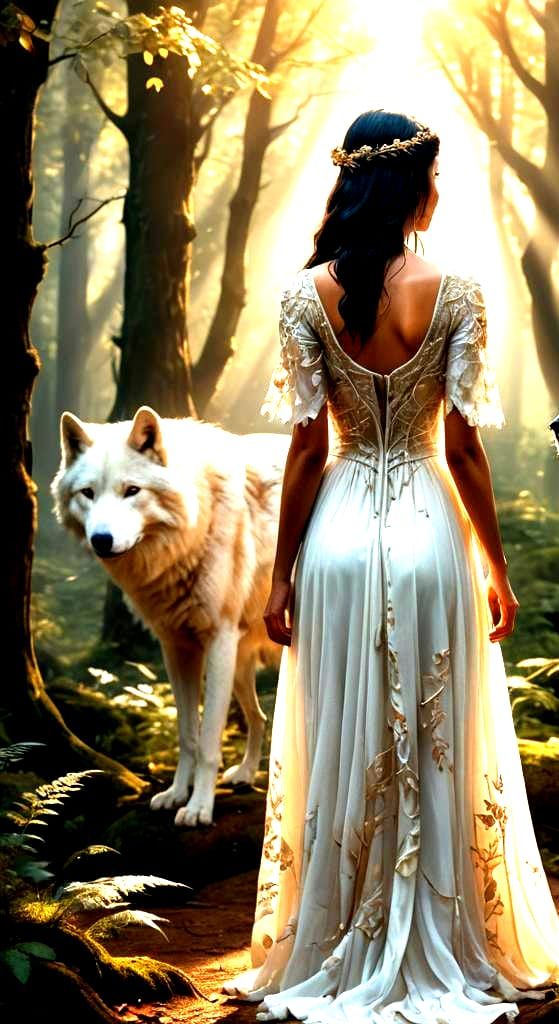Woman and White Wolf in Forest Art