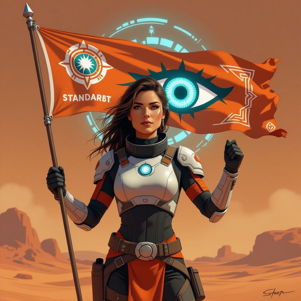 Futuristic Woman Holding Circuit Standard Flag