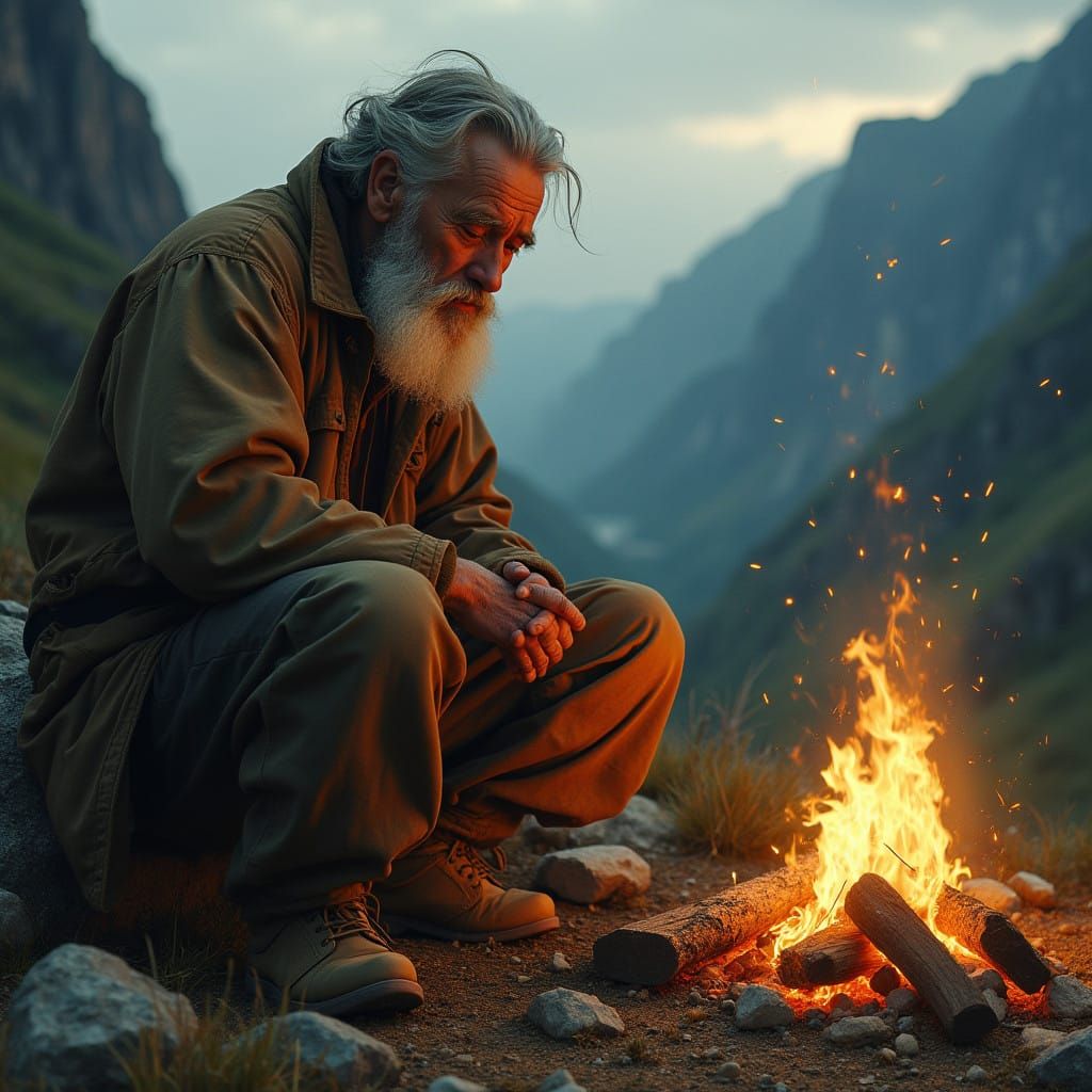 Aged Man Contemplates Youthful Memories by Flickering Fireli...