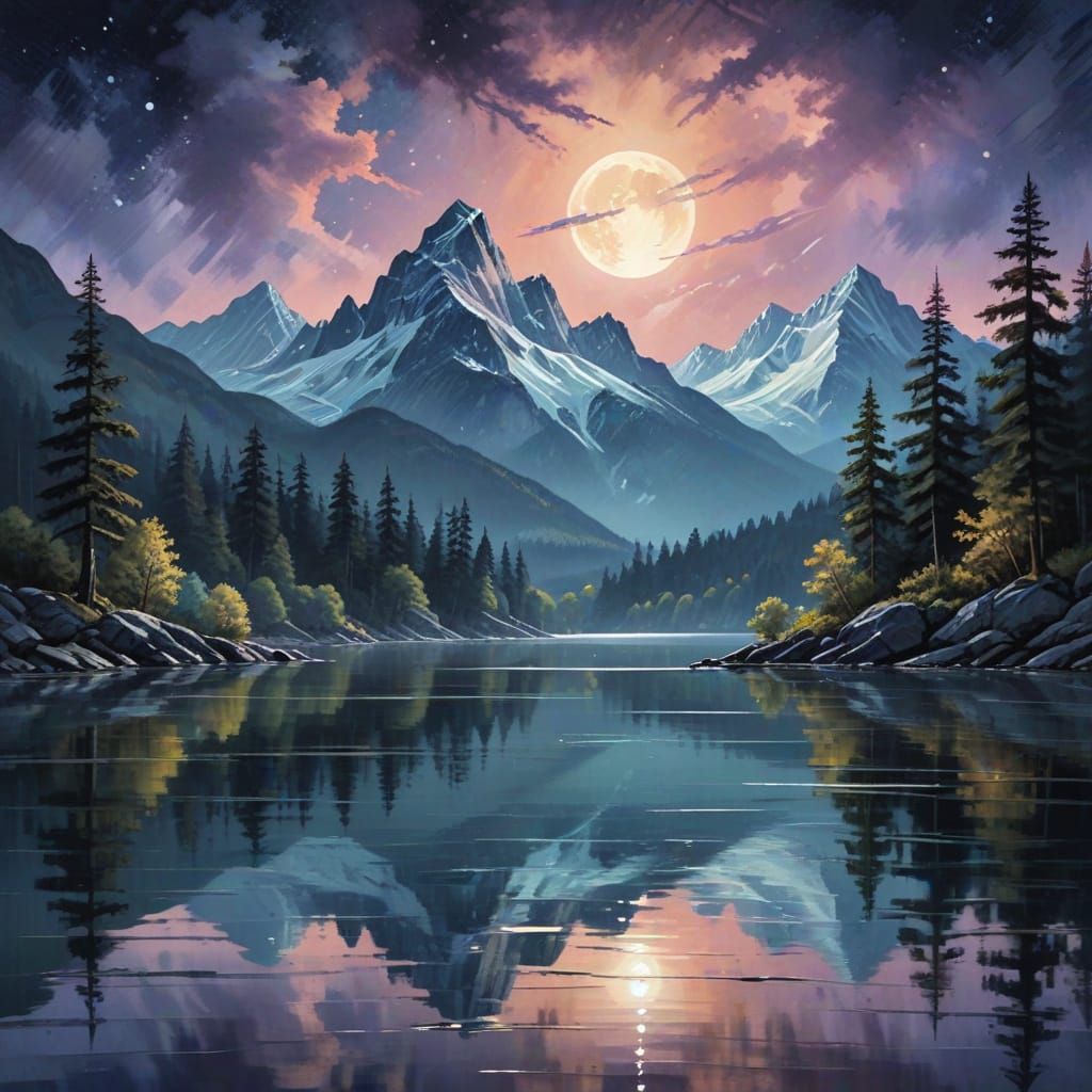 Moonlit Landscape in Gouache Painting Style