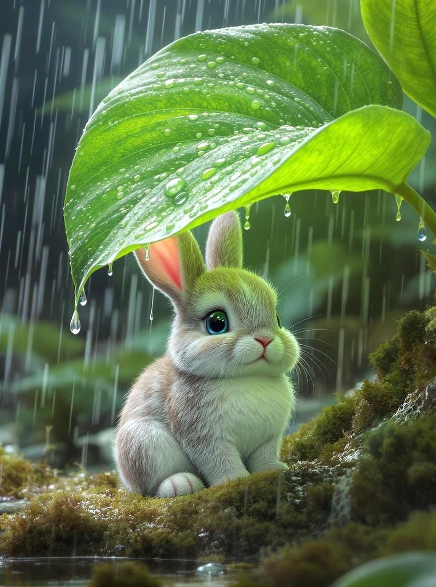 Whimsical Bunny Seeks Shelter From Rain, 3D Render