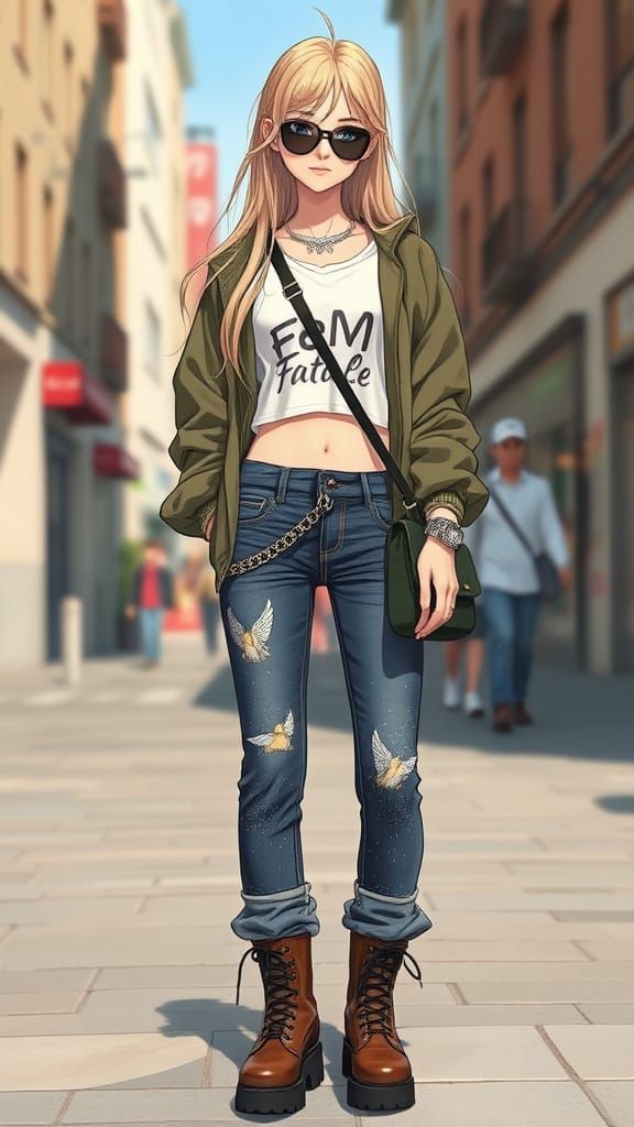 Blonde Woman in Bomber Jacket Posing in Anime Style