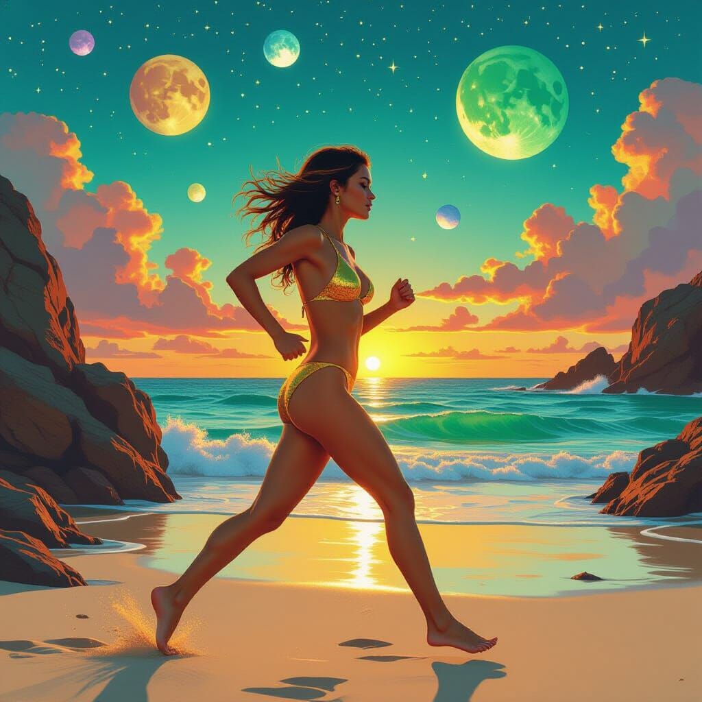 Woman Running on Beach Under Alien Sky with 30 Moons