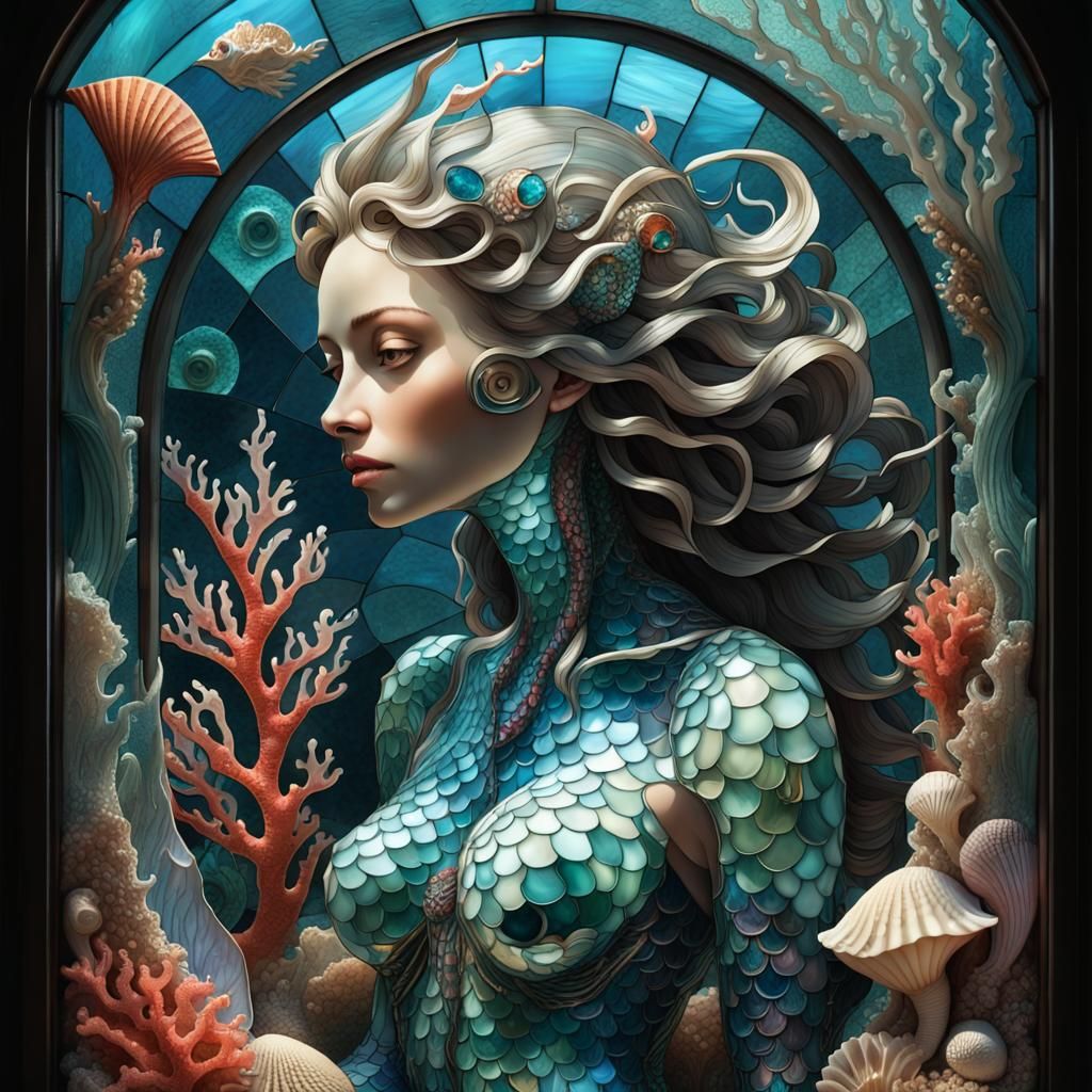 Psychedelic Stained Glass Mermaid with Dragon Scales