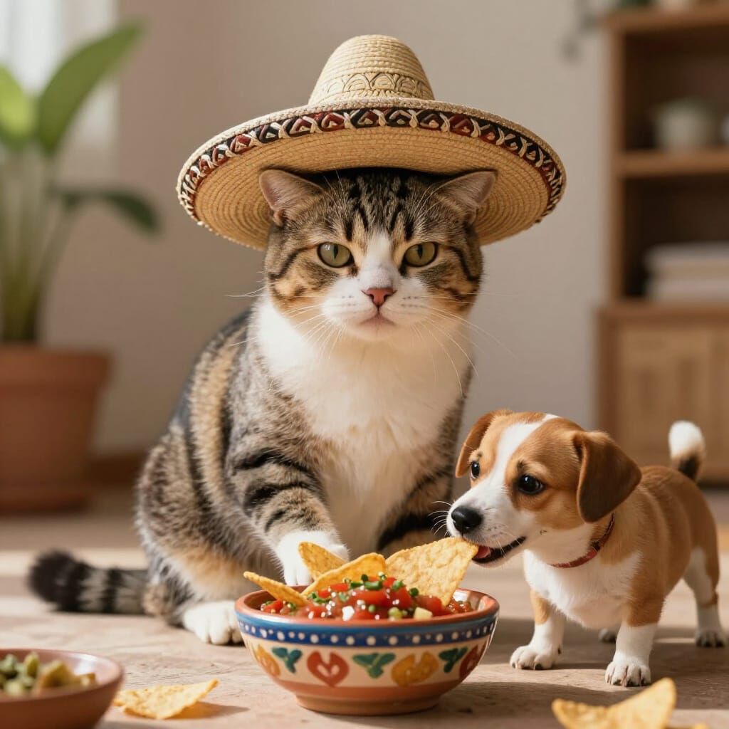 Sophisticated Cat in Sombrero with Dog Eating Chips