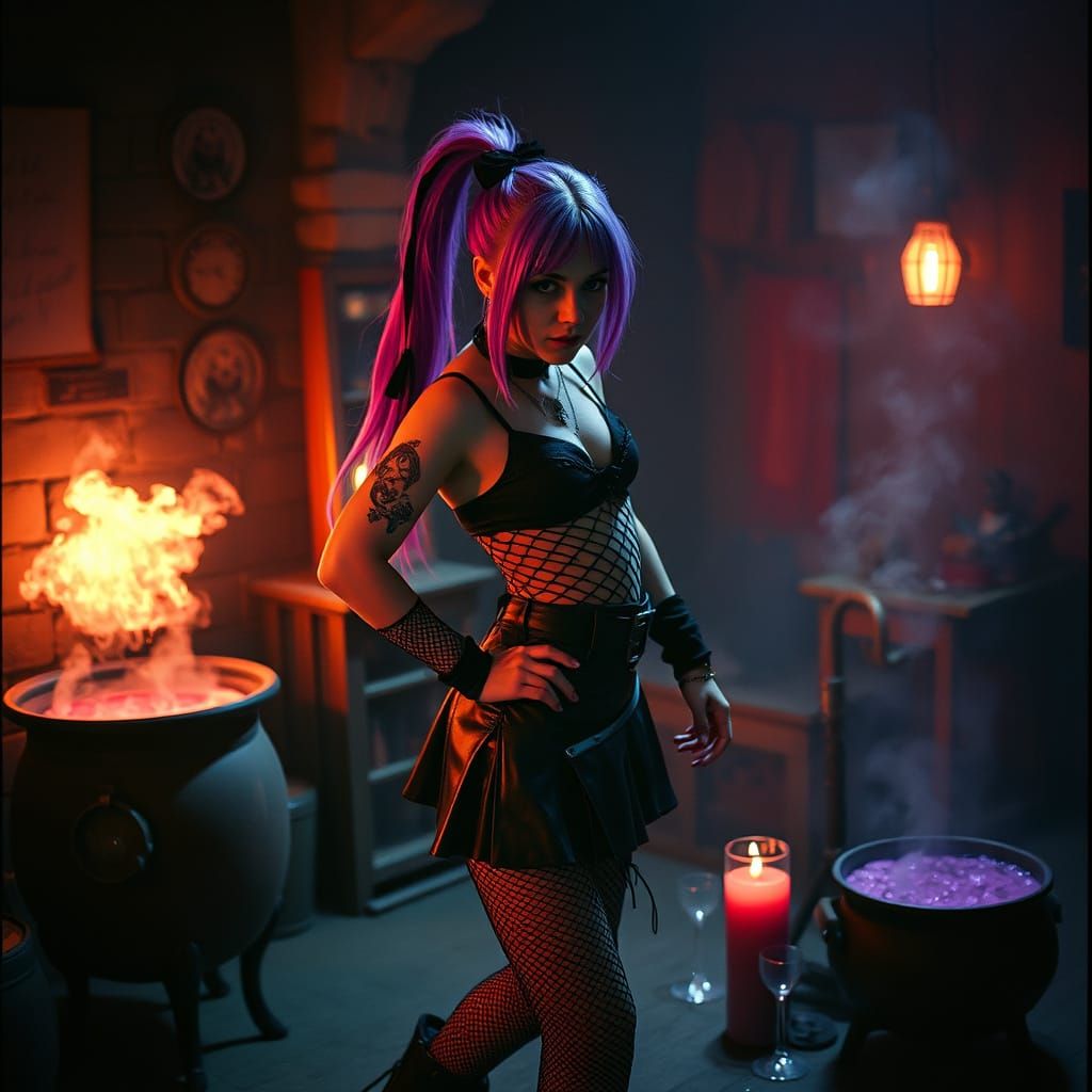 Punk Emo Witch in Dimly Lit Potion Room