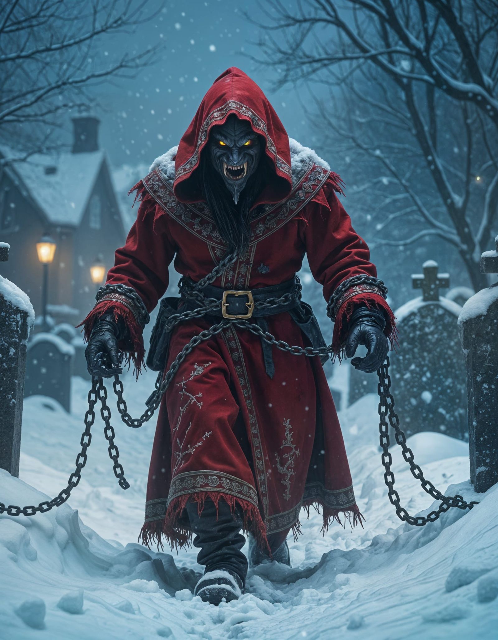 Krampus Demon in Misty Graveyard, Hyperrealistic Style