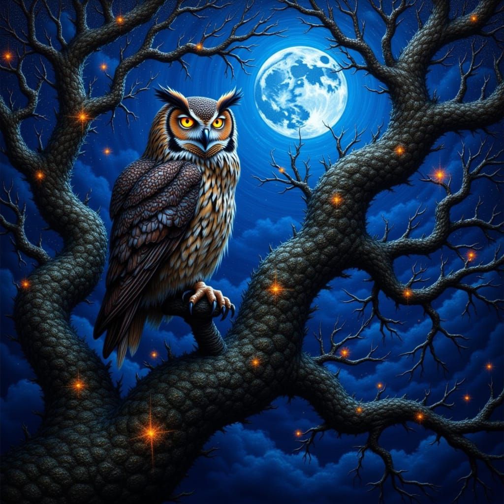 Majestic Owl in Starry Night Oil Painting