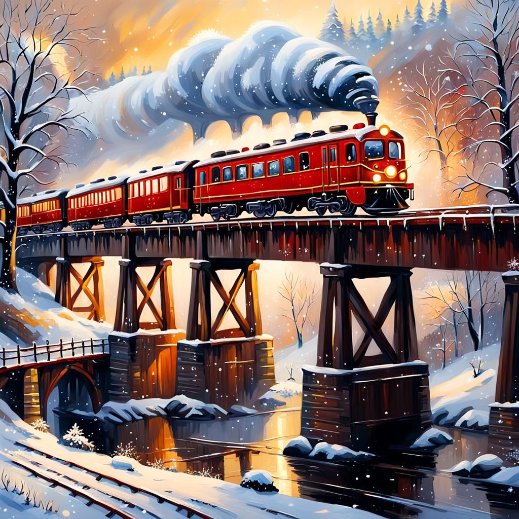 Red Christmas Train in Snowy Winter Landscape