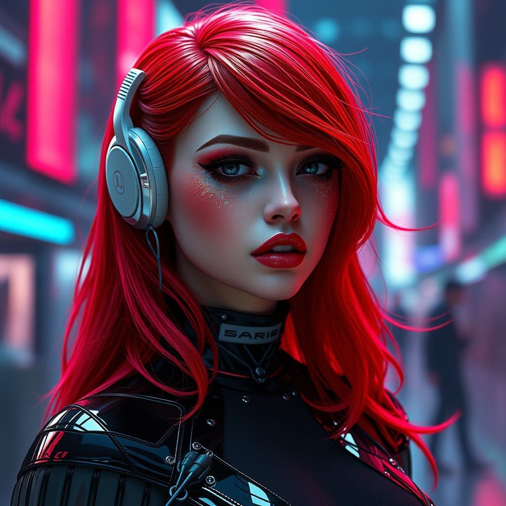 Glamorous Crimson-haired Synth in Futuristic Black