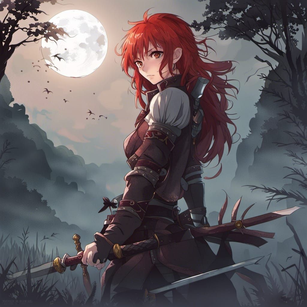 Red-Haired Witcher with Sword Under Full Moon