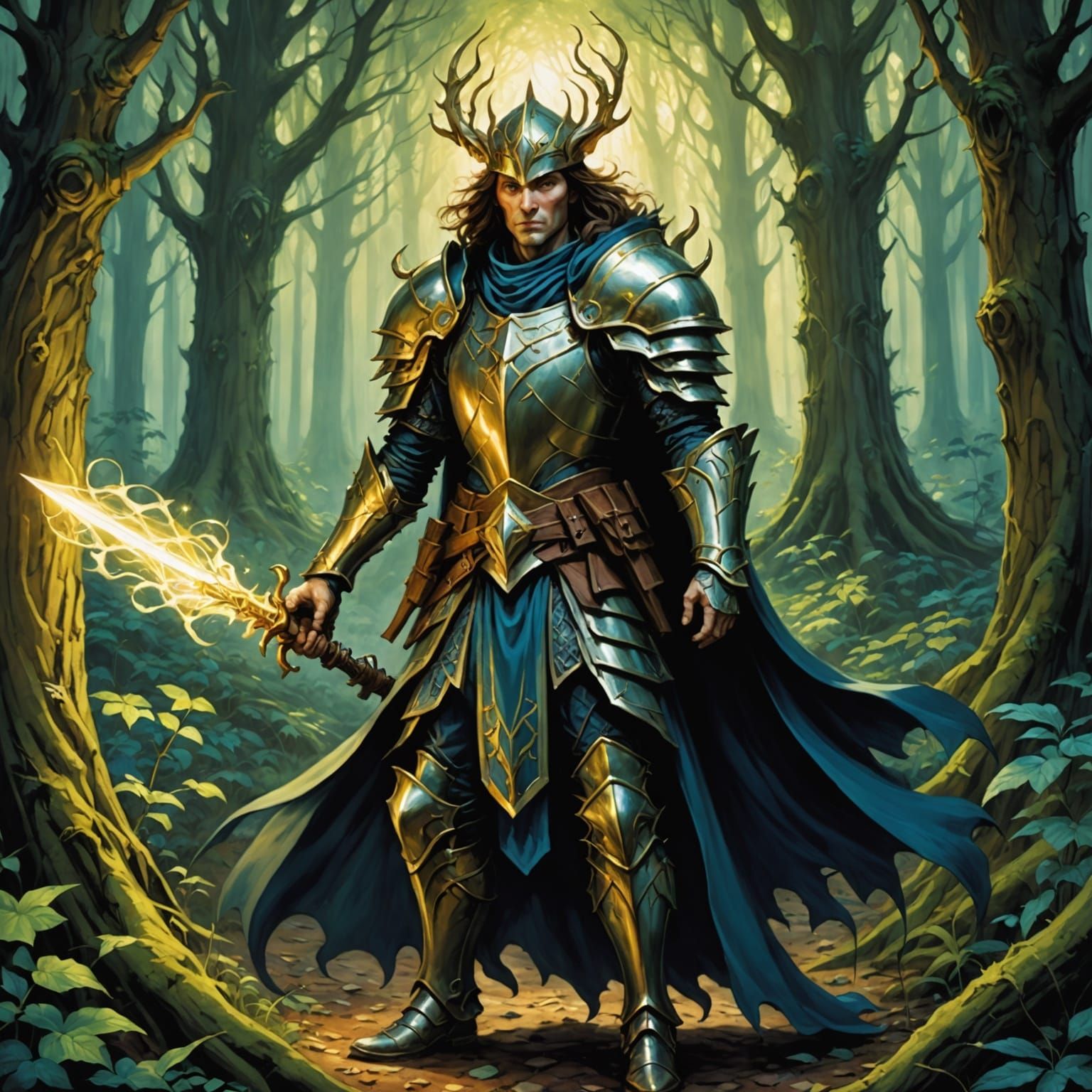 Radiant Paladin in Eldritch Forest: Fantasy Art