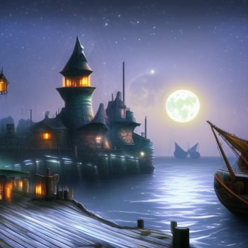 Night Port with Moon and Distant Lighthouse