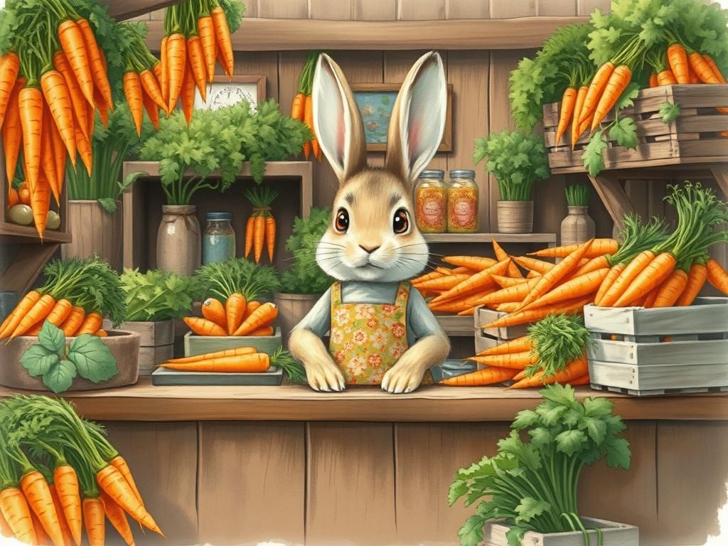 Rabbit Shopkeeper in Carrots Shop: Beatrix Potter Style