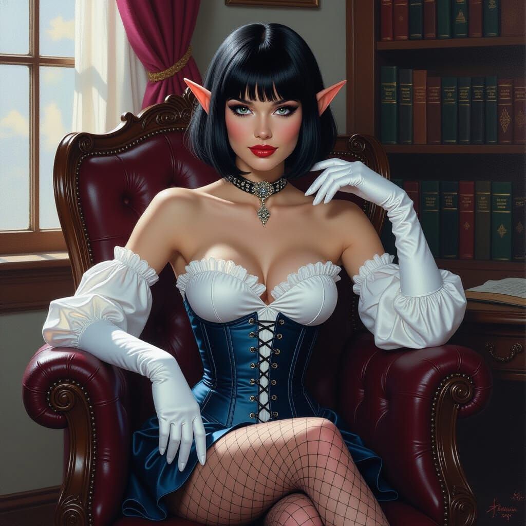 Elf Sorceress in Sapphire Corset - 90s Fantasy Painting