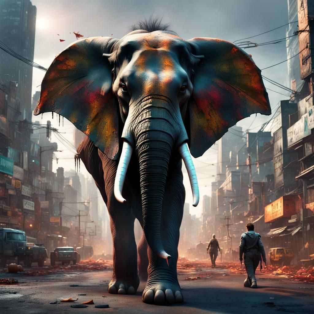Cyberpunk Elephant Walking Through Autumn City Street