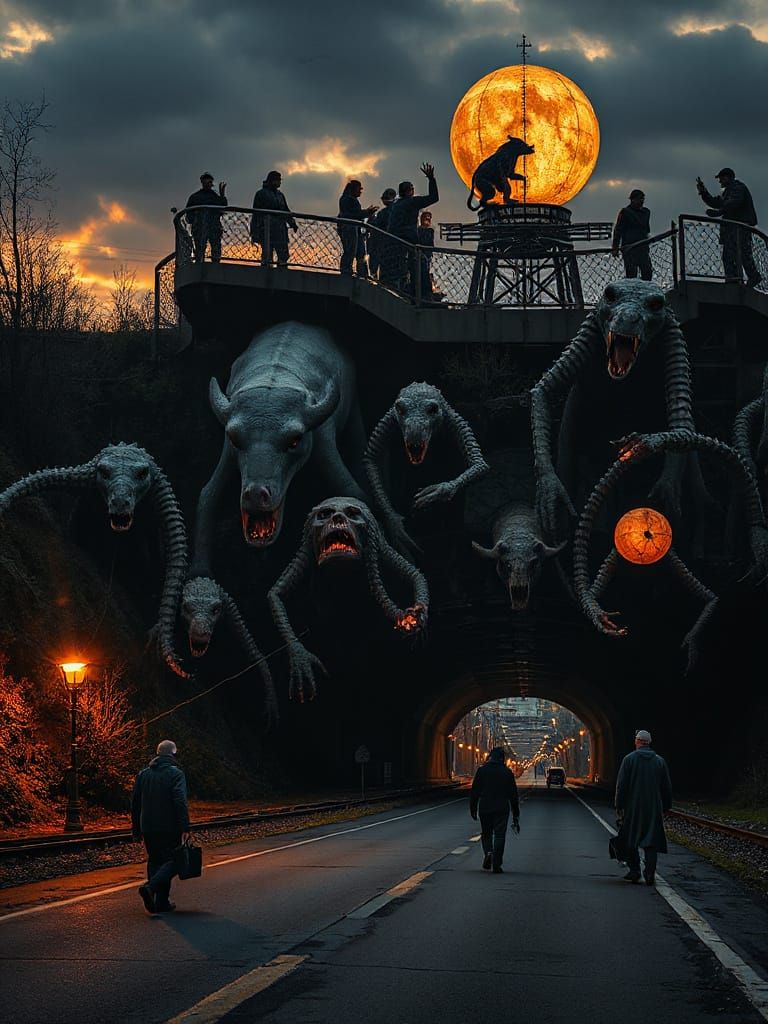 Surreal Highway of Beasts and Wanderers at Golden Hour
