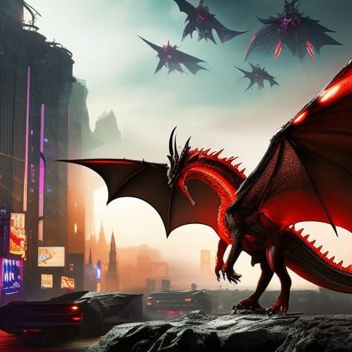 Cyberpunk Dragon Splash Art in Neon City