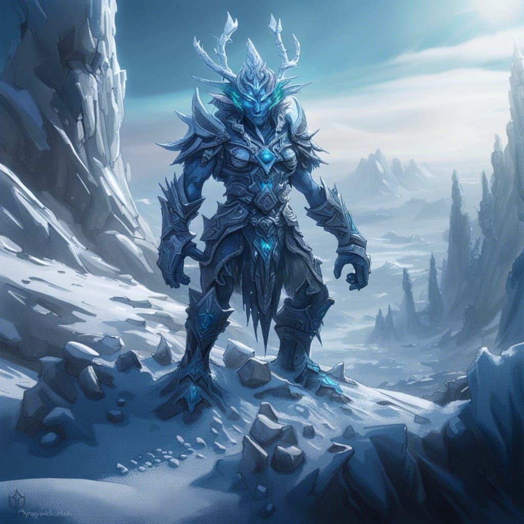 Frost Spriggan on Snowy Mountain: Dark Fantasy Art