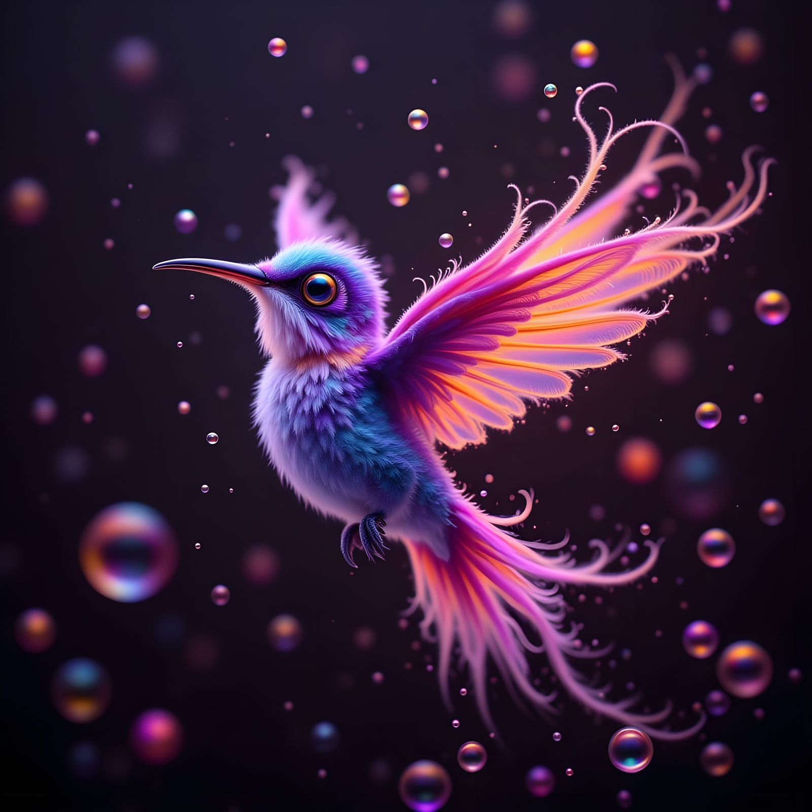 Hummingbird in Iridescent Bubbles with Chrome Roses