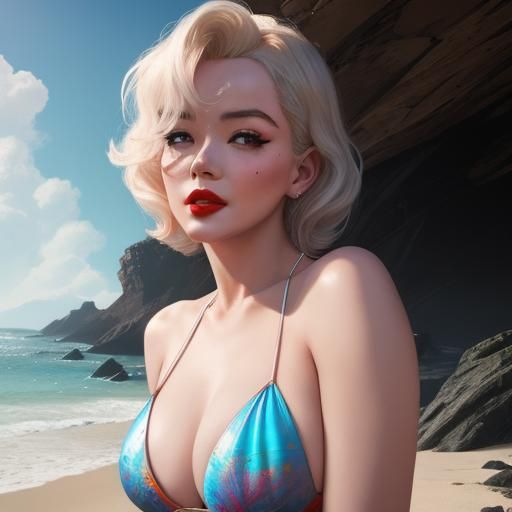 Marilyn on the beach, by WLOP, Carne Griffiths, Simon Dewey, Artgerm, Lou Xaz, Pixar, intricately detailed concept art, ...