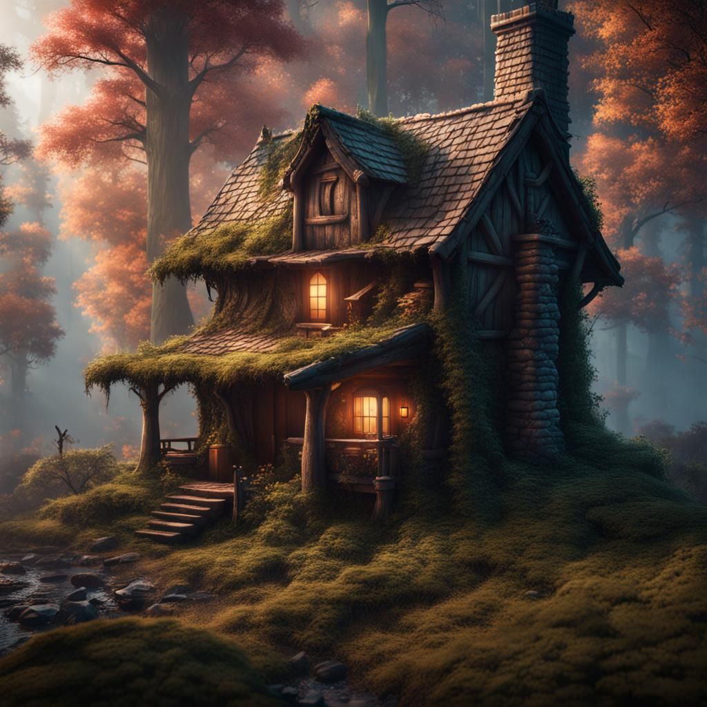 Fantasy Cabin in Deep Woods: Detailed Matte Painting