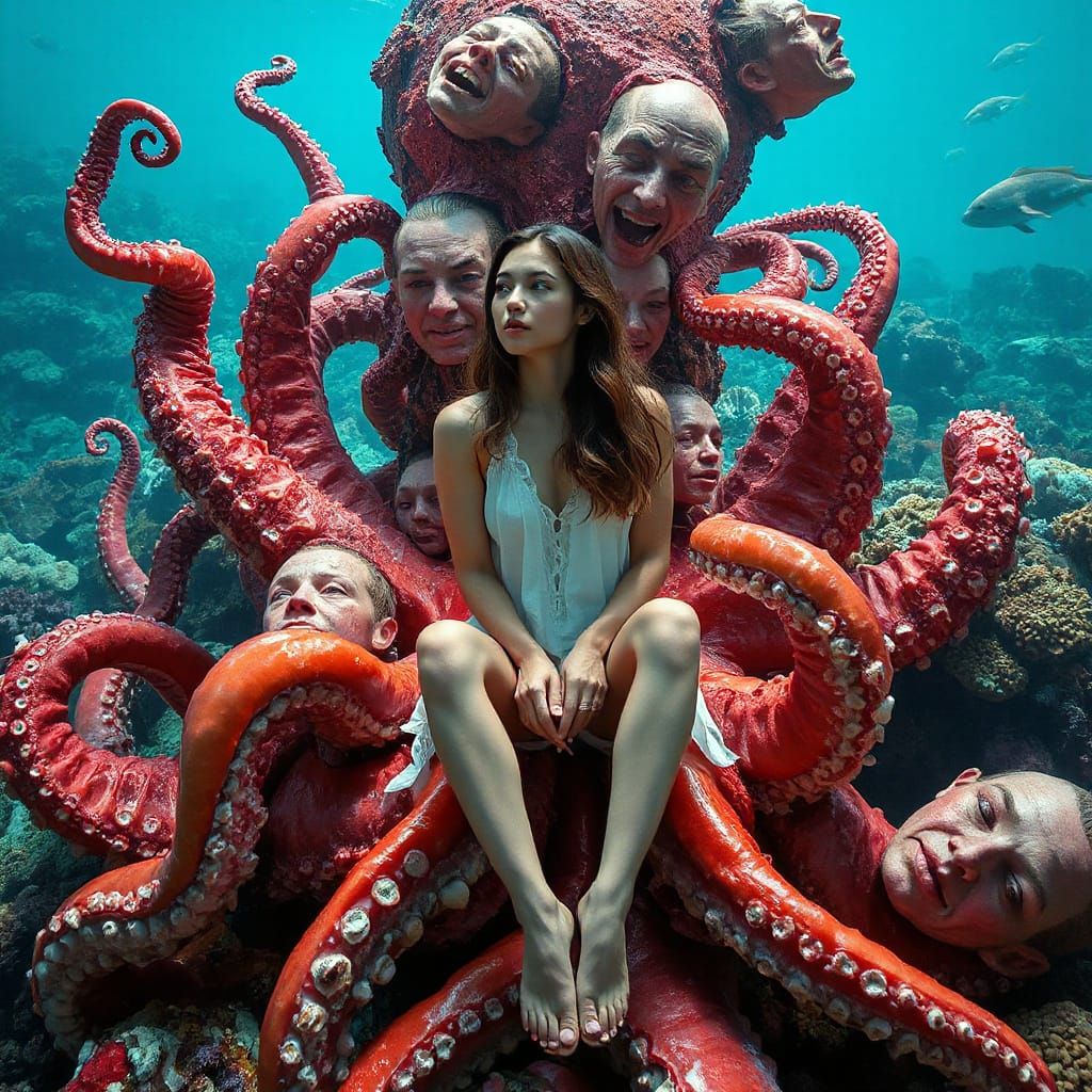 Serene Woman Amidst Surreal Chaos in 3D