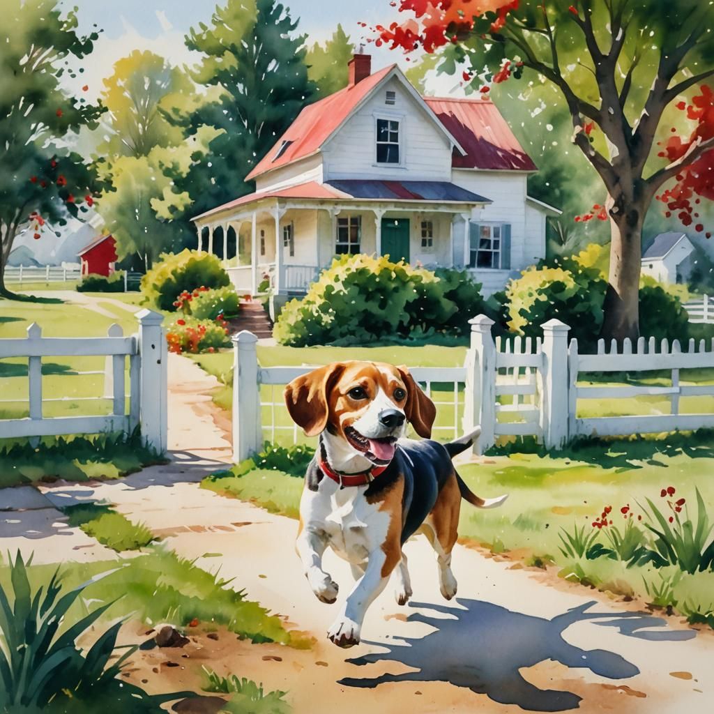 Happy Beagle Runs on Sunny Farm: Watercolor Impressionism