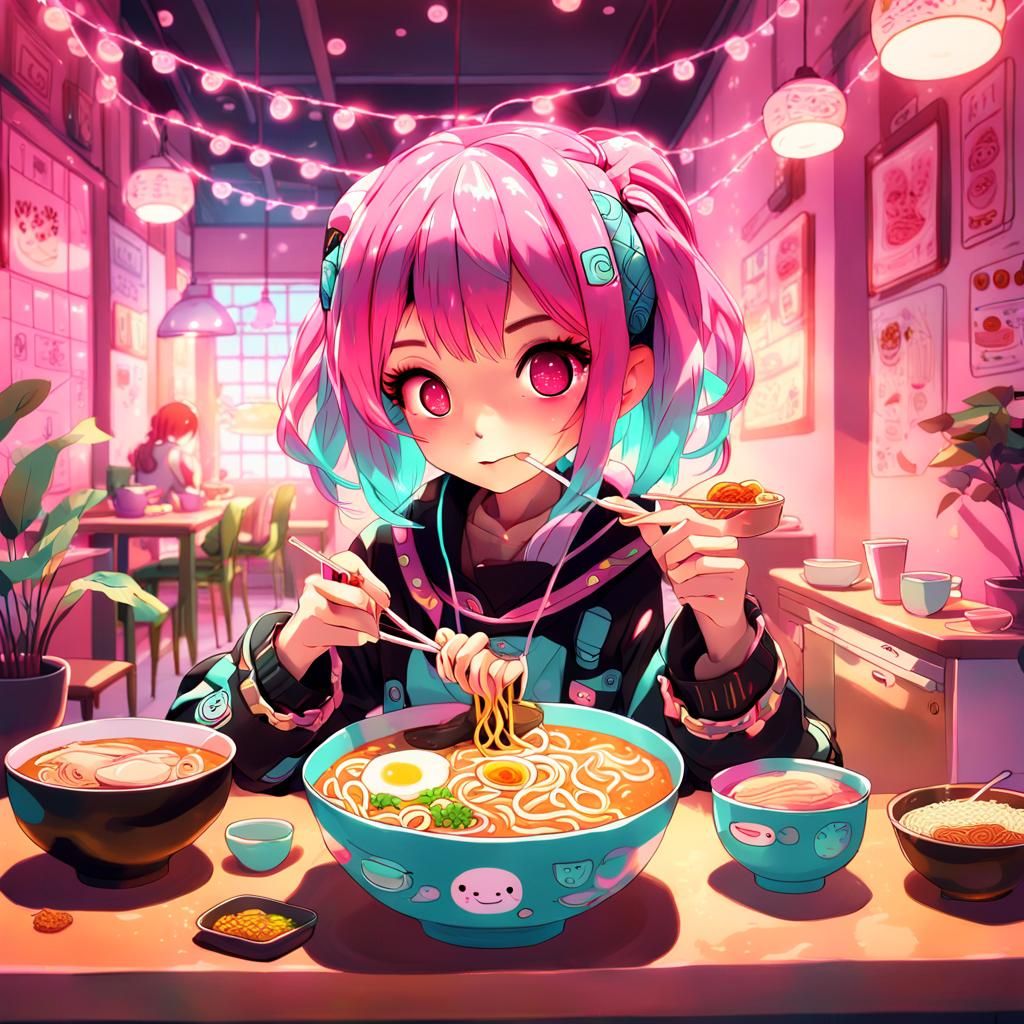 Girl Eating Ramen in Kawaii Room: Anime Art