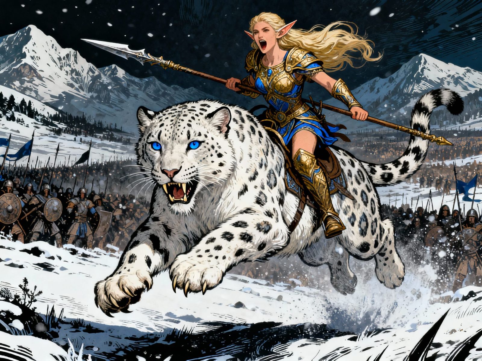 Snow Leopard Warrior with Elf on Winter Battlefield