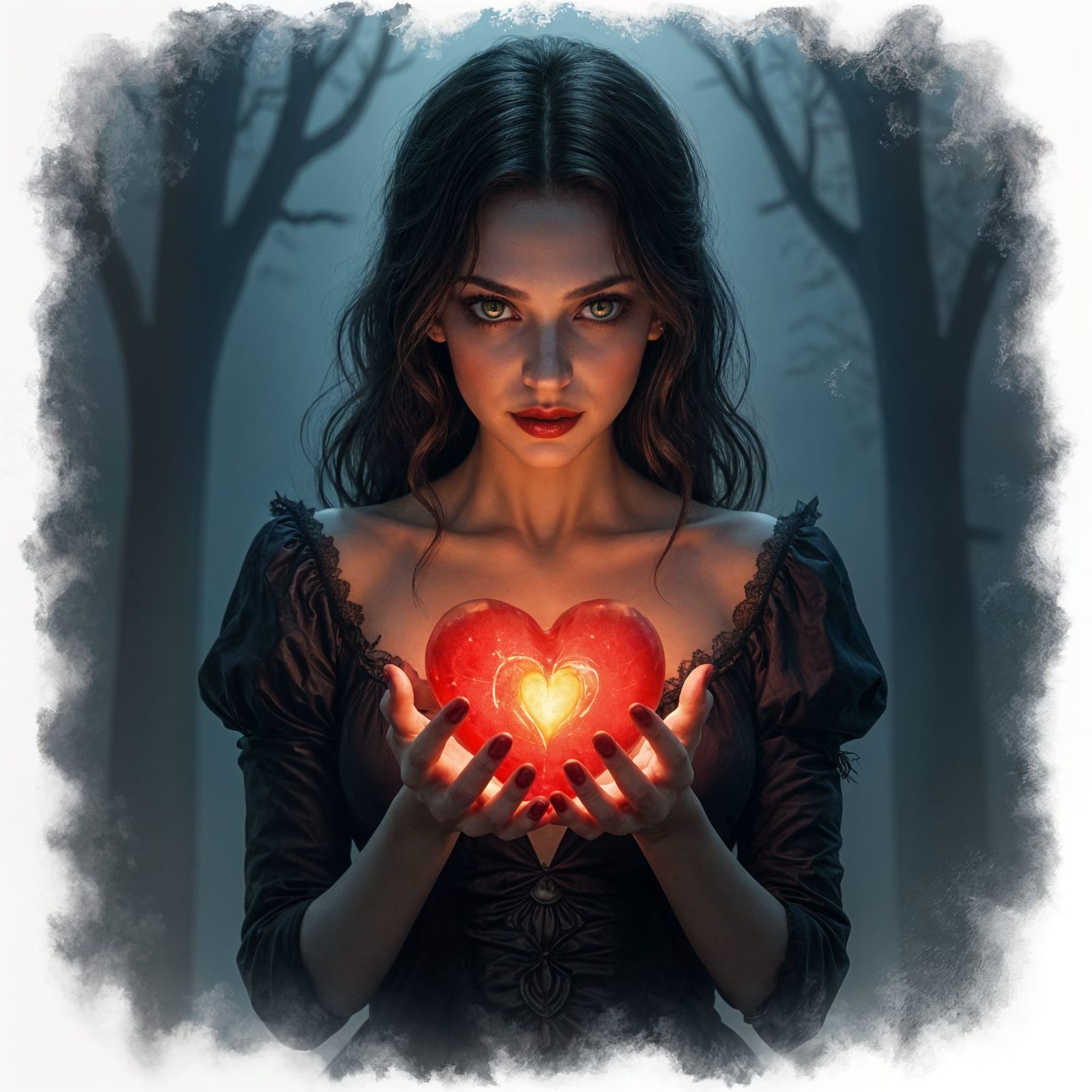 Seductive Vampire Holds Glowing Heart in Chiaroscuro Style