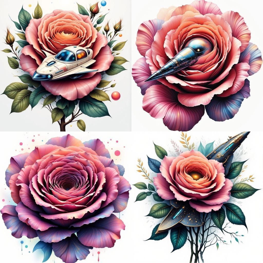 Spaceship Inside Rose: Hyperrealistic Digital Illustration