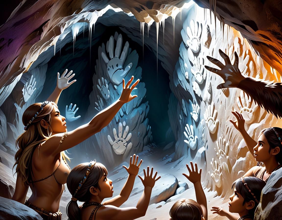 Cave Clan Creates Handprints: Hyperrealistic Concept Art