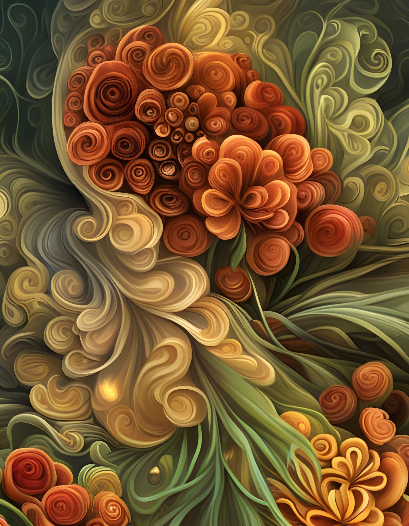 Detailed Botanical Print with Swirls in Surrealist Style