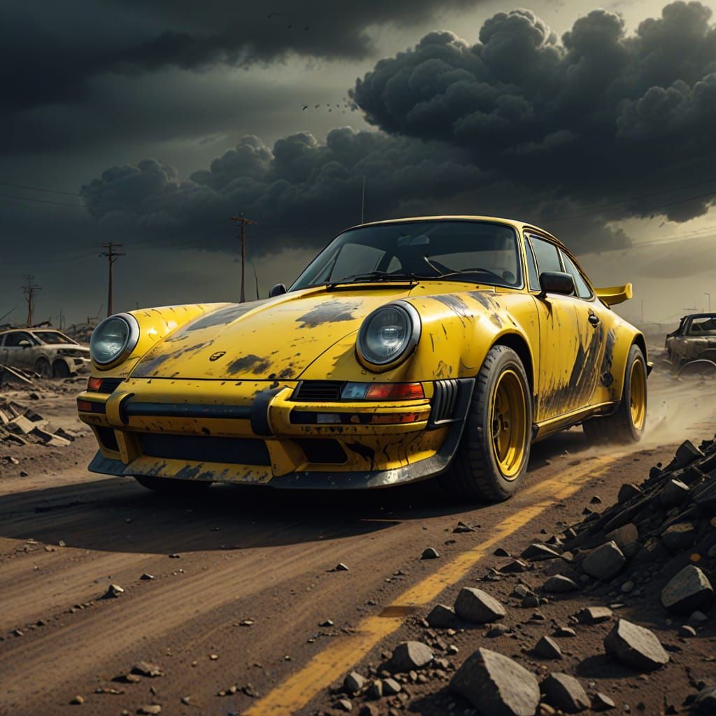 Yellow Porsche 911 in Wasteland, Digital Painting
