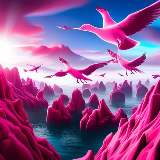 Pink and Grey Gallahs in Flight: Fantasy Concept Art