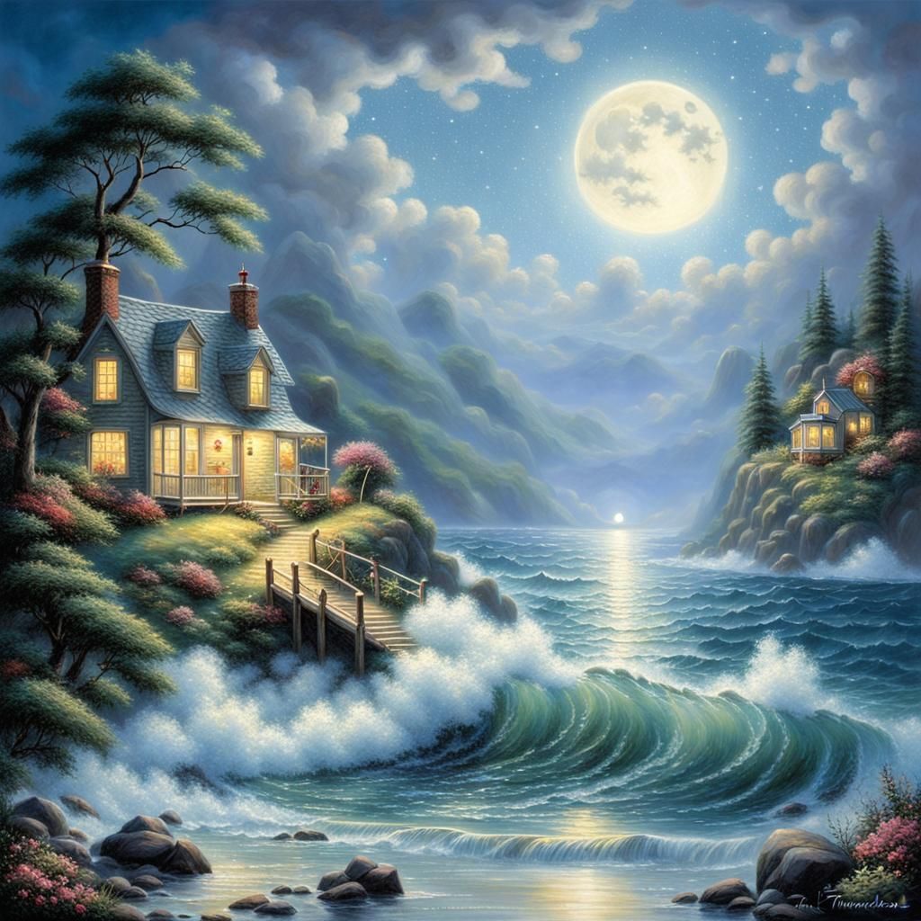 Ethereal Sea Under Moonlight in Kinkade Style