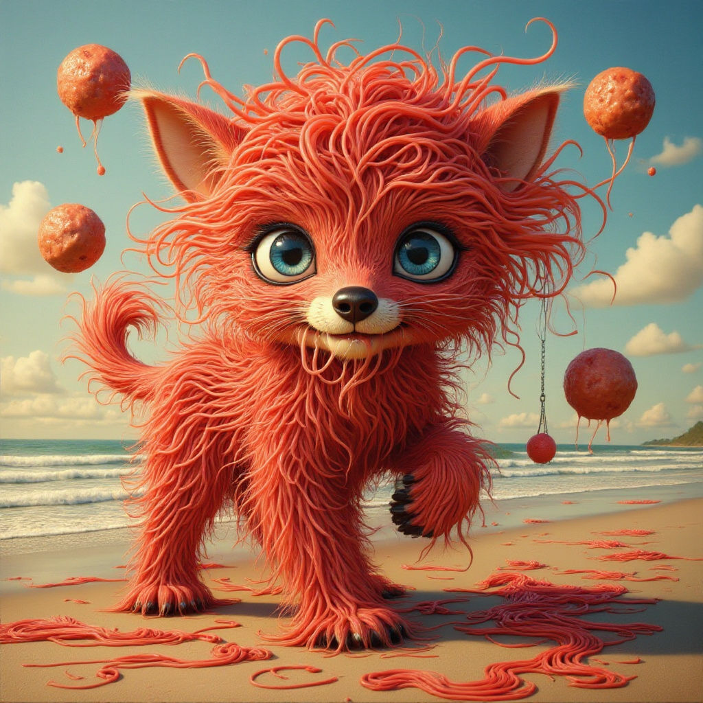 Noodle Puppy Walks a Surreal Red Sauce Beach