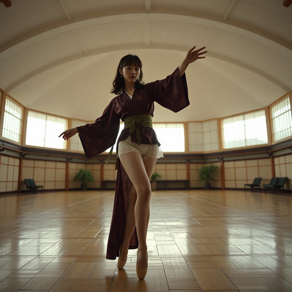 Kimono Ballet Dancer in Futuristic Ballroom Movie Still