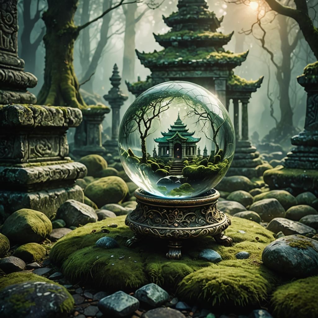 Crystal Ball Reveals Ancient Temple in Ethereal Mist