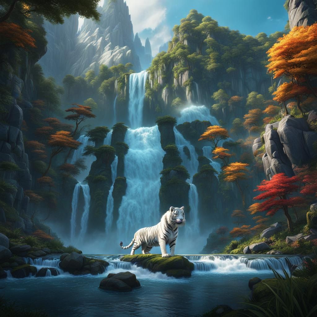 Winged White Tiger Soaring Over Peaceful Waterfall