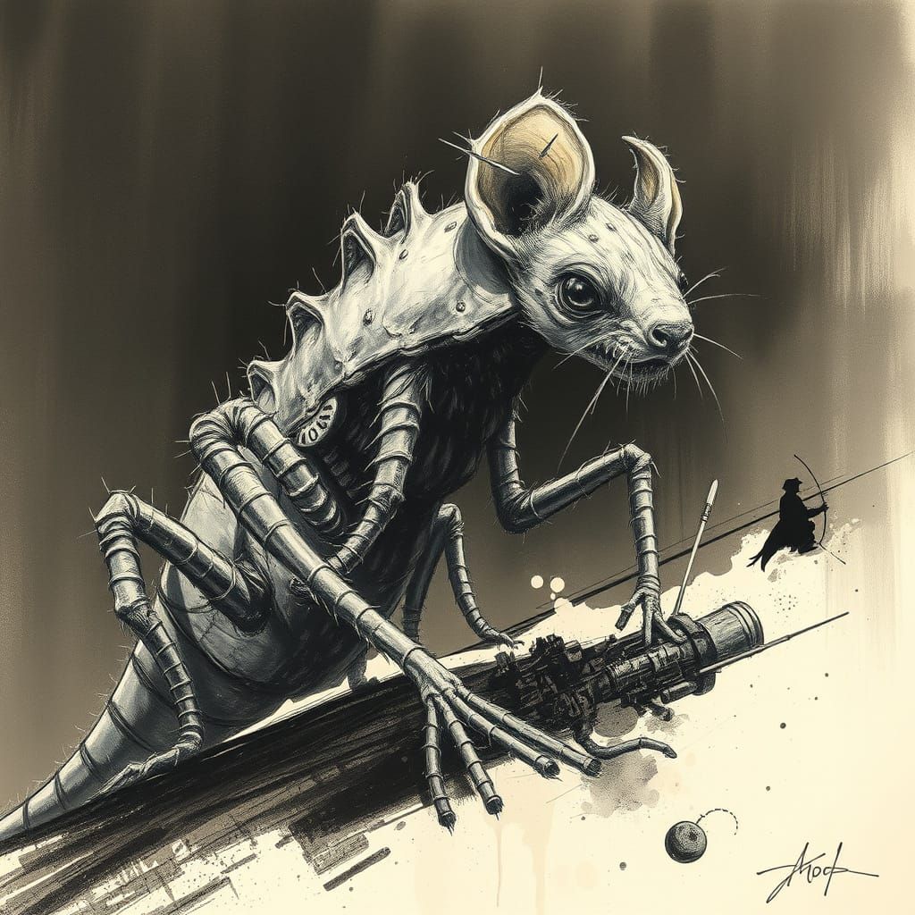 Half-Earwig Half-Ferret Creature in Retrofuturist Charcoal