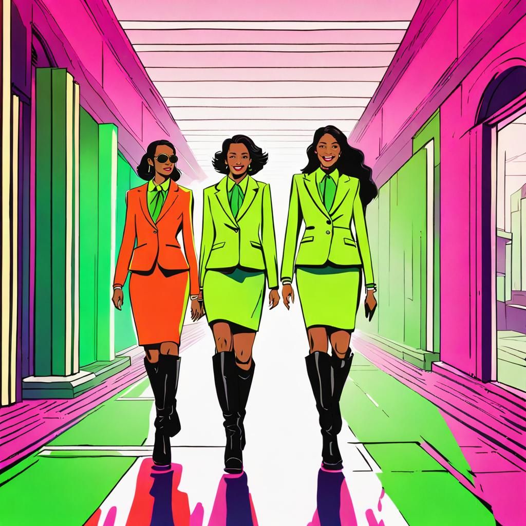 Neon Green Businesswomen in Colorful Hallway